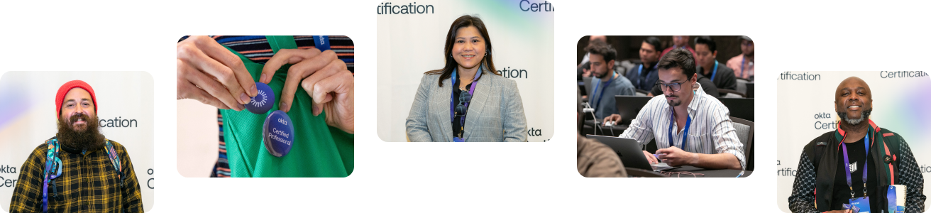 Photo gallery showing certified individuals posing for portraits and working on laptops at an event.