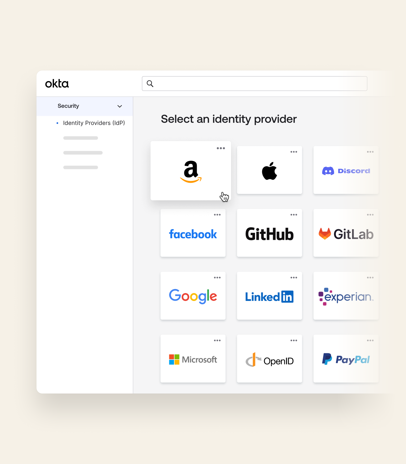 Okta Customer Identity dashboard showing a selection of social identity providers like Amazon, Google, and Apple.