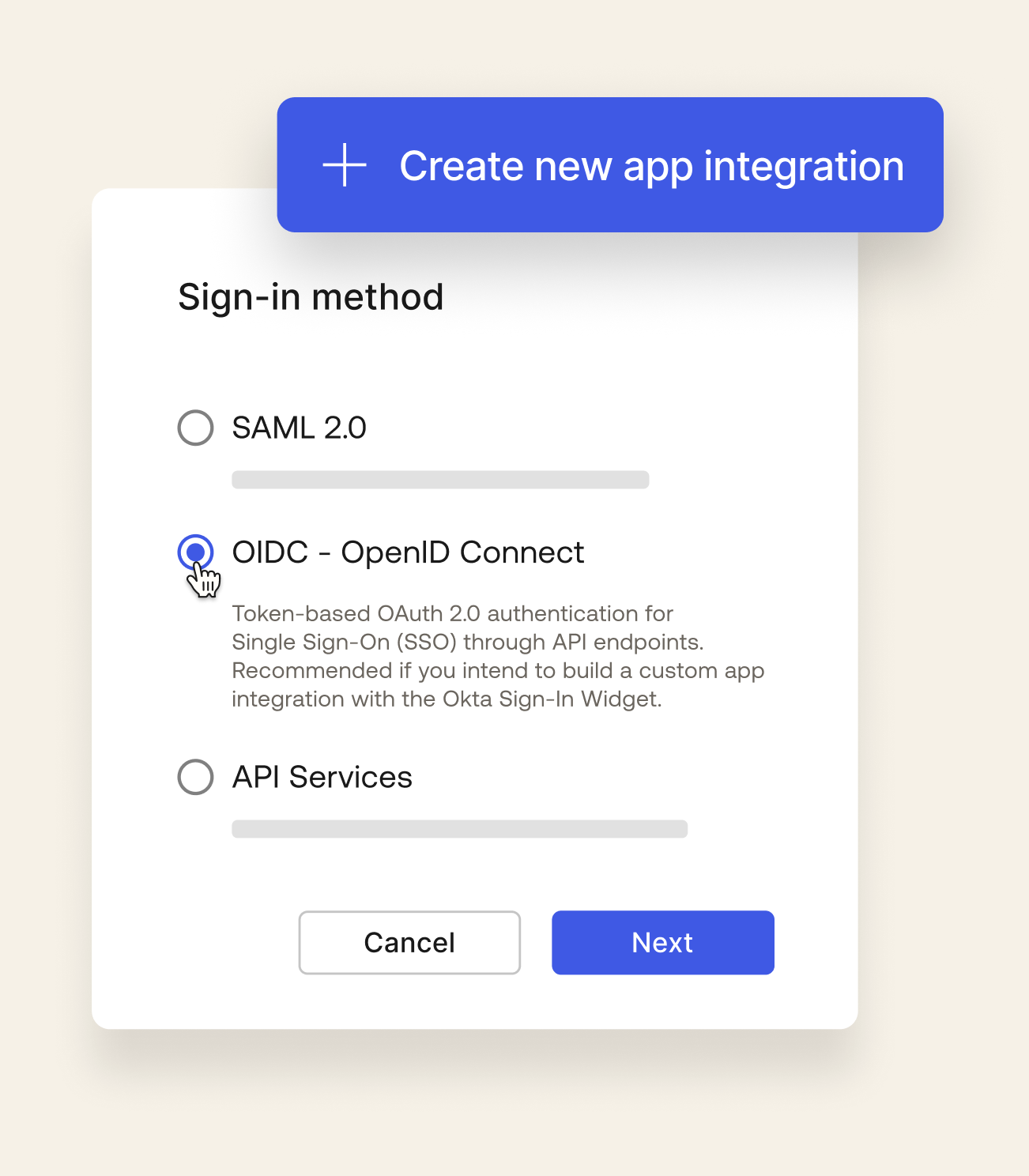 Okta admin console showing the selection of OpenID Connect (OIDC) for a new app integration.