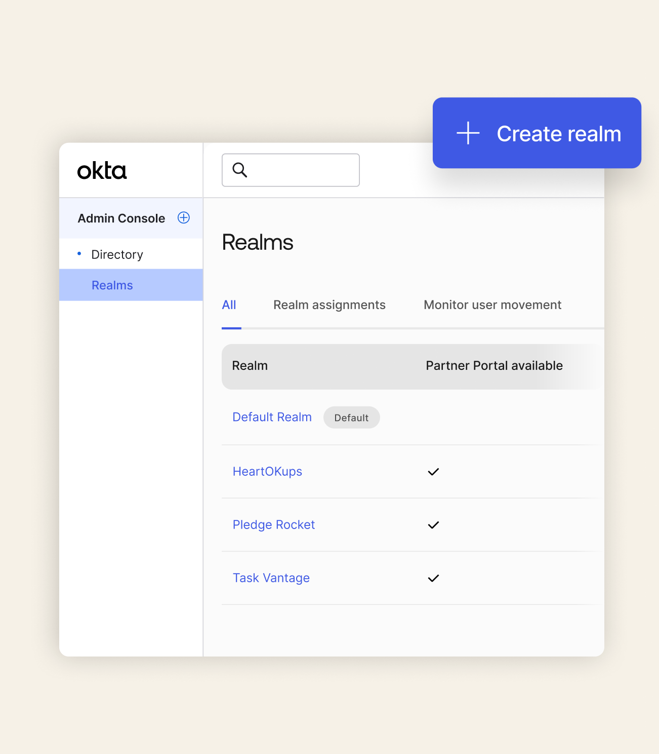 Okta Admin Console displaying the Realms feature, highlighting B2B customer identity management, tenant organization, and partner portal configuration.