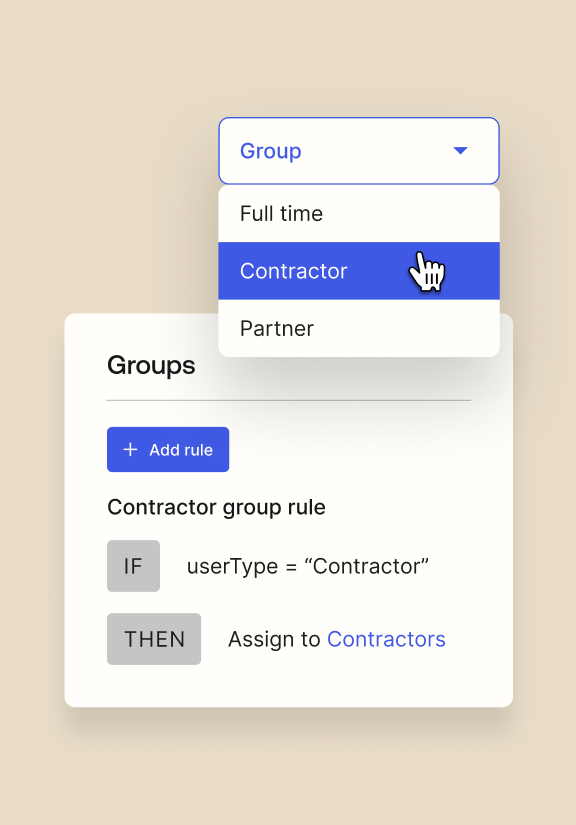Product UI for Lifecycle Management showing a rule that automatically assigns users to the "Contractor" group.