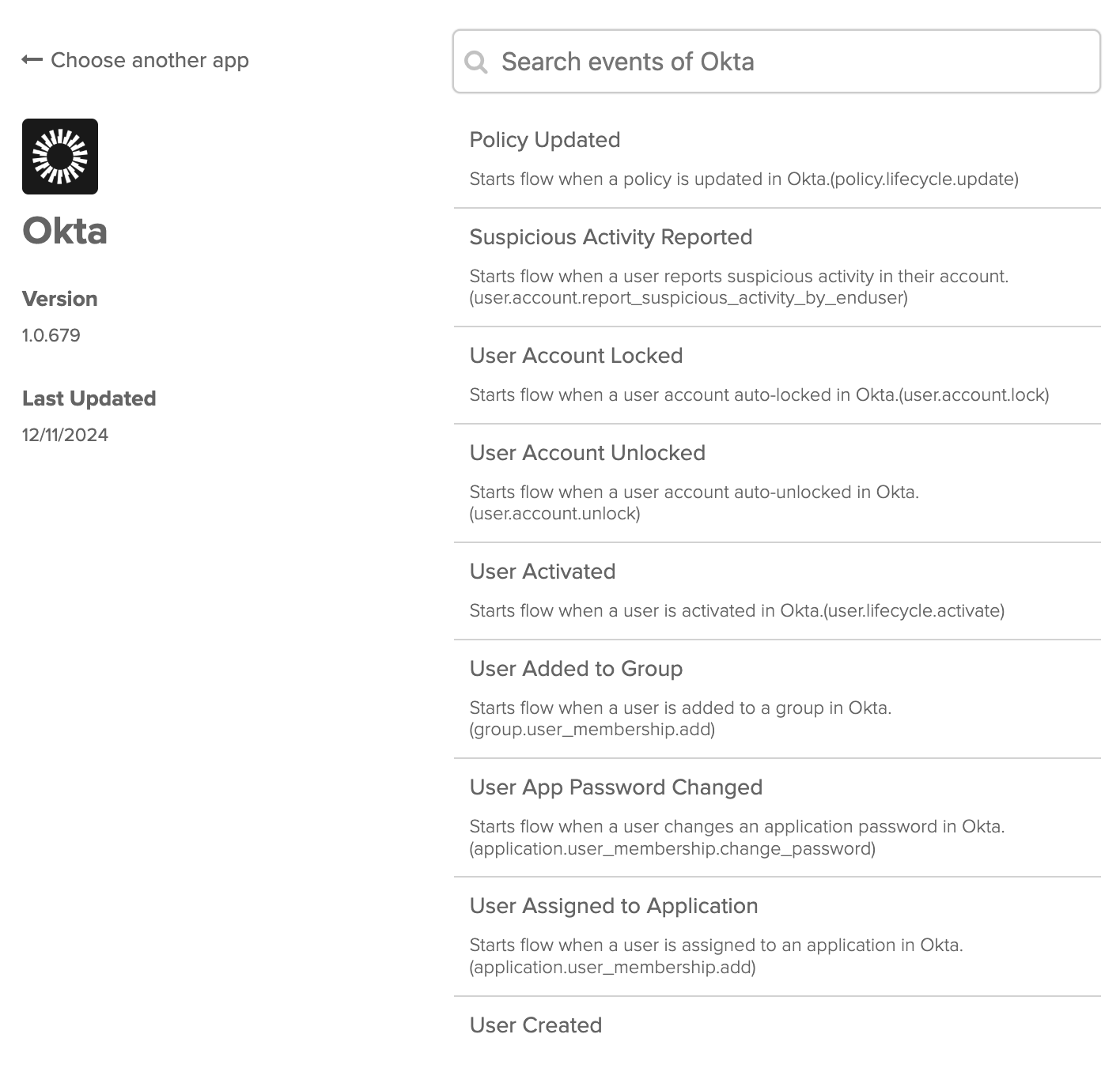 Okta connector events