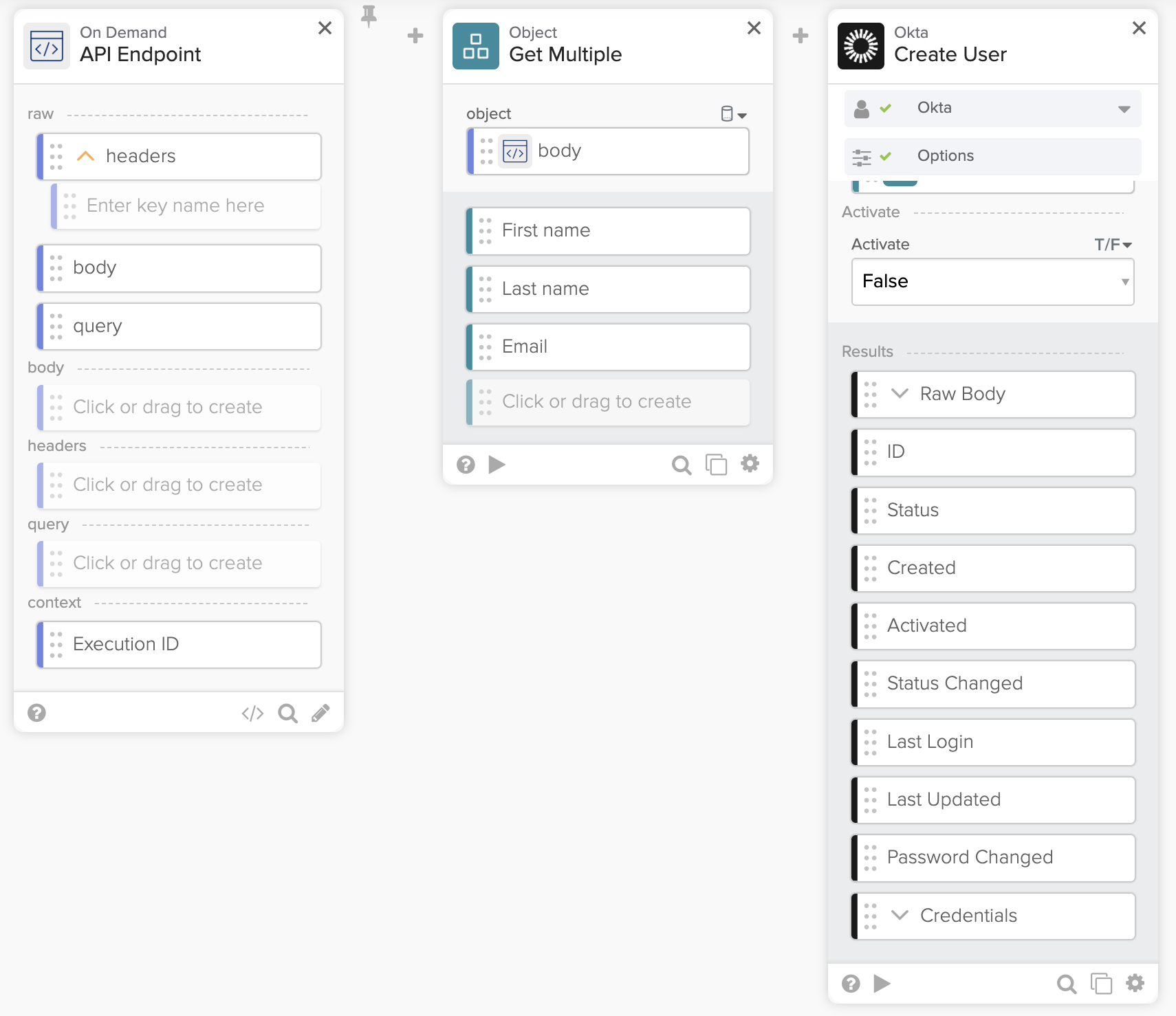 A flow to process user creation in Okta.