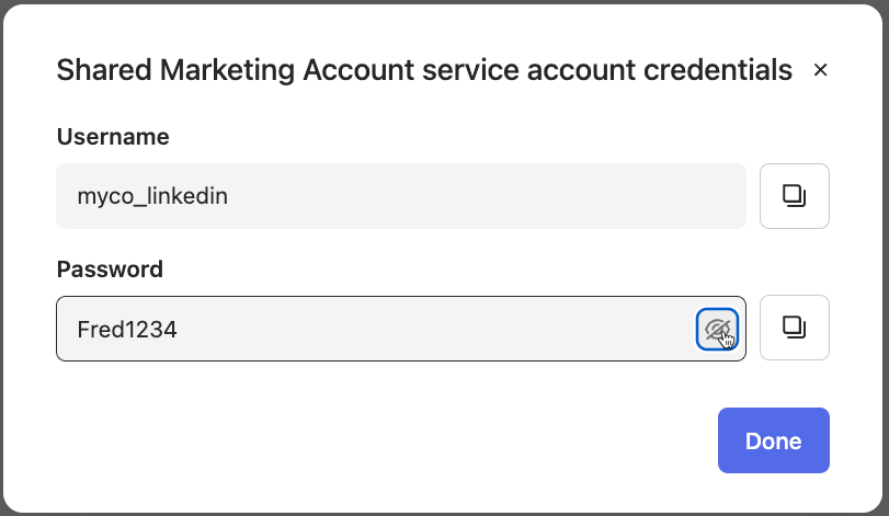 Screenshot of Shared Marketing Account service account credentials with a username and password field