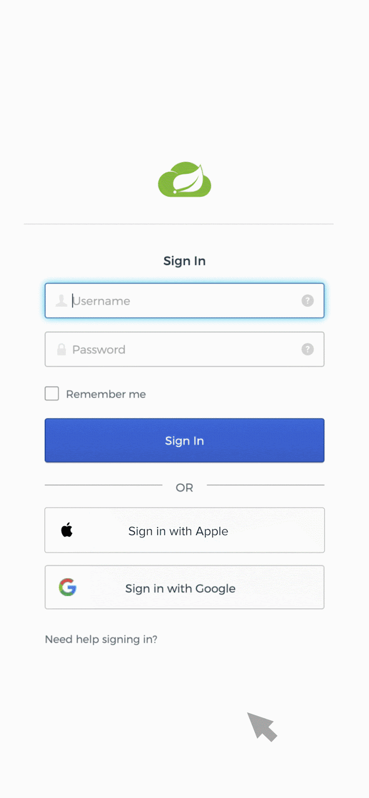 An animated user interface demonstration showing a mouse cursor clicking the 'Sign in with Google' button on a login screen.