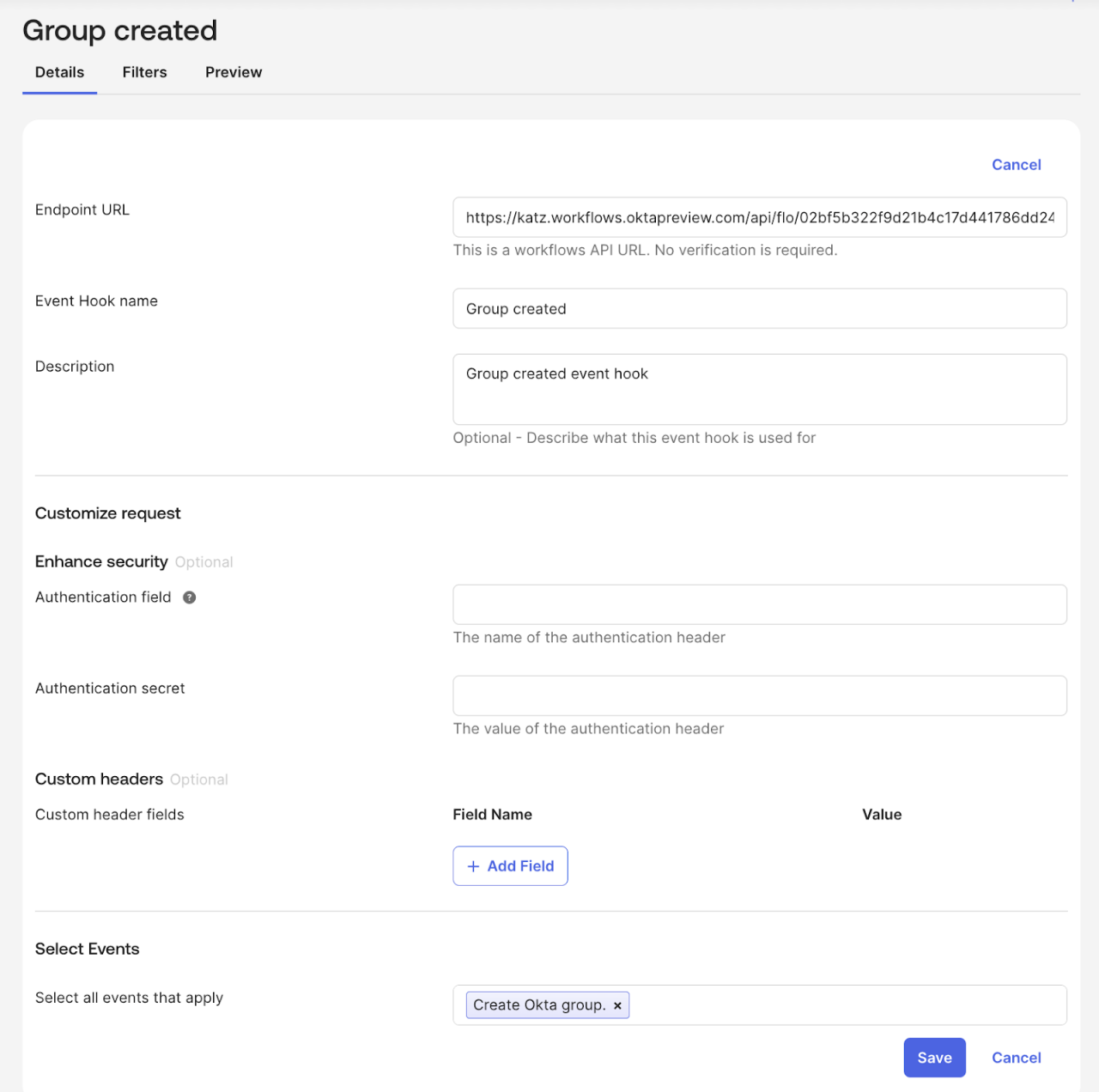 Screenshot of the Okta workflow interface showing the 'Group created' event hook setup. 