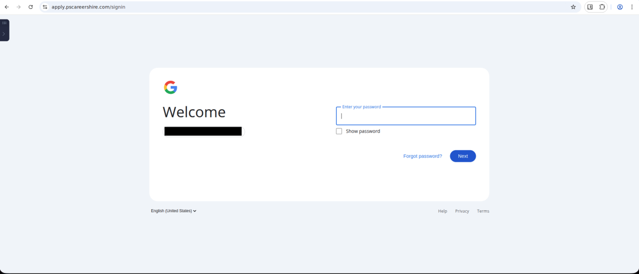 Third-stage fake Google login prompt, requesting a user password