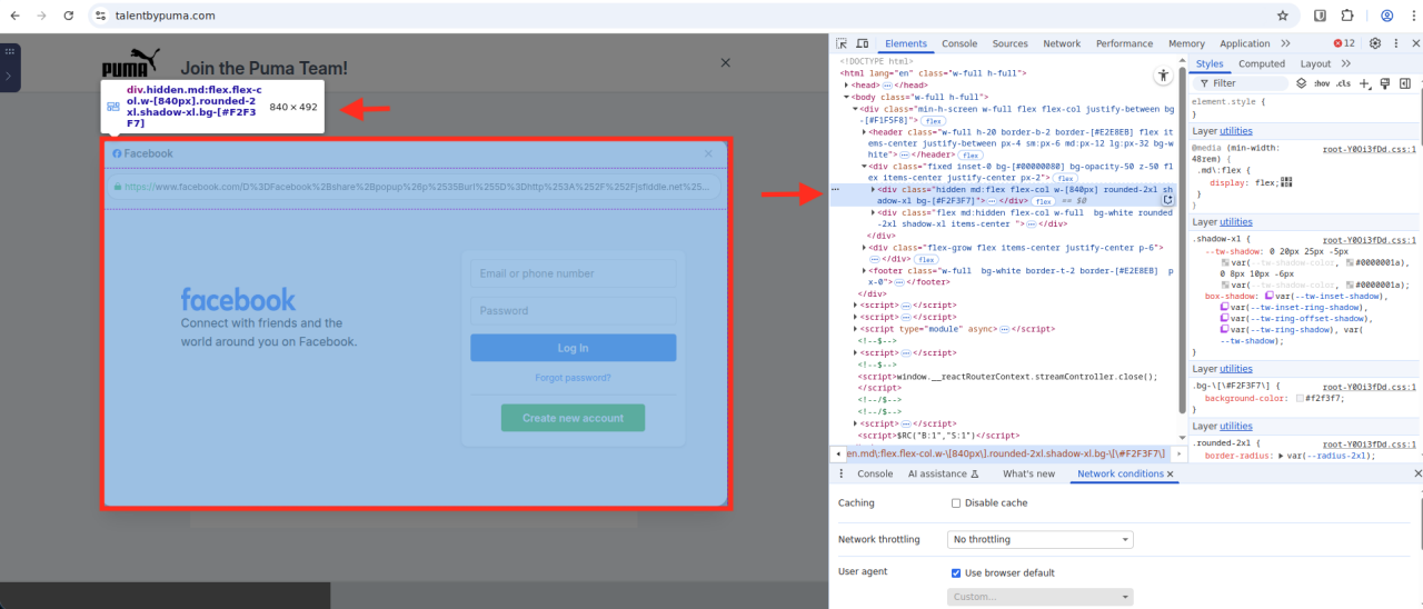 Screenshot demonstrating that the facebook[.]com window is a HTML <div> element within the web page