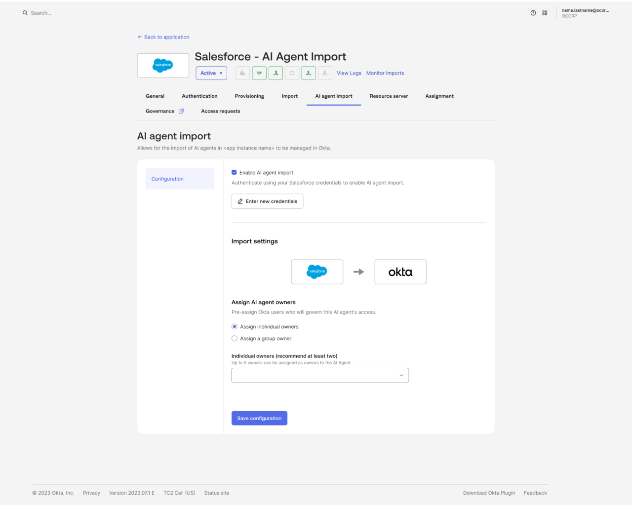 The main subject is a web interface for Salesforce AI Agent Import, showing integration with Okta. 