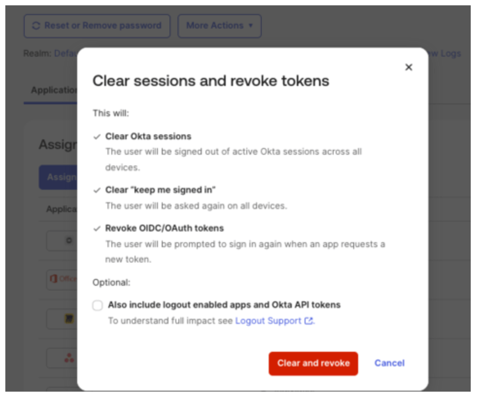 Okta popup showing options to clear sessions, revoke tokens, and sign out from apps.