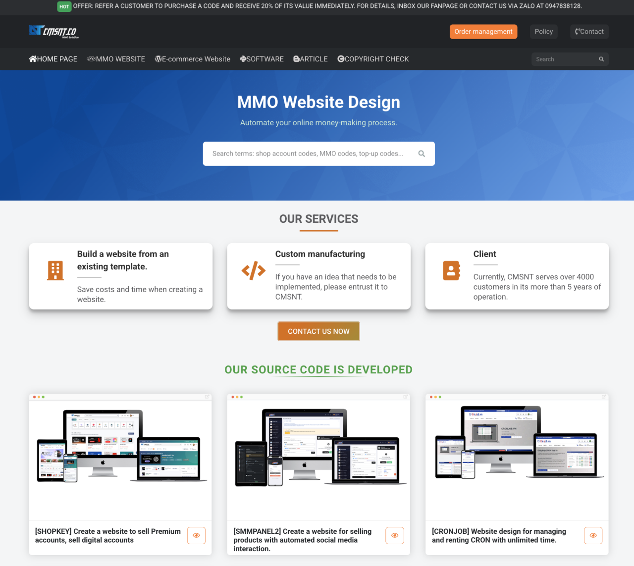 The front page of CMSNT.co, a Vietnam-based company that sells website templates (translated by Google).