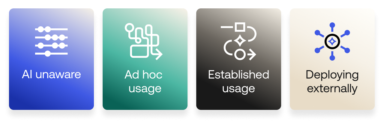 AI unaware, Ad hoc usage, Established usage, Deploying externally